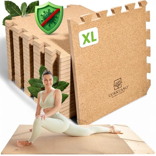 CORKUANO® Hygienische Premium Kork Fitnessmatte Gymnastikmatte Yogamatte - rutschfest gelenkschonend breit extradick (1,3cm) - XXL Fläche erweiterbar BPA frei - Puzzle Sportmatte für Fitness & Yoga