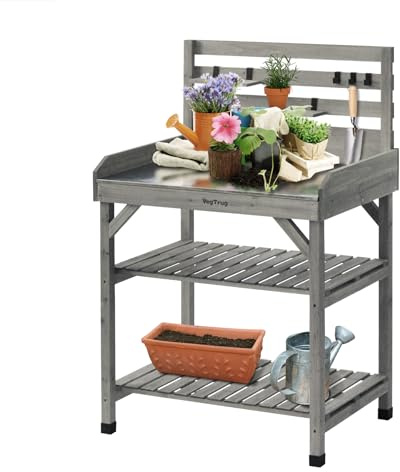VegTrug Pflanztisch - Grey Wash - 81 x 56 x 125 cm, Metall-Arbeitsfläche | Ergonomische Gartenstation zum Umtopfen mit Ablage und Haken - rückenschonend Gärtnern für Terrasse, Balkon und Gewächshaus
