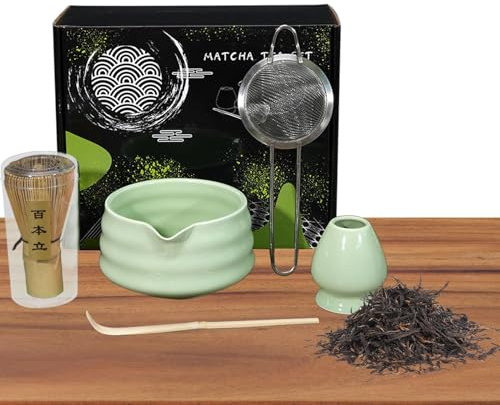 Matcha Whisk, taza medidora de bambú, juego auténtico de 5 piezas, accesorios profesionales, acabado natural, té para amantes tradicionales de la ceremonia del té, recién llegados a la familia, 10,24