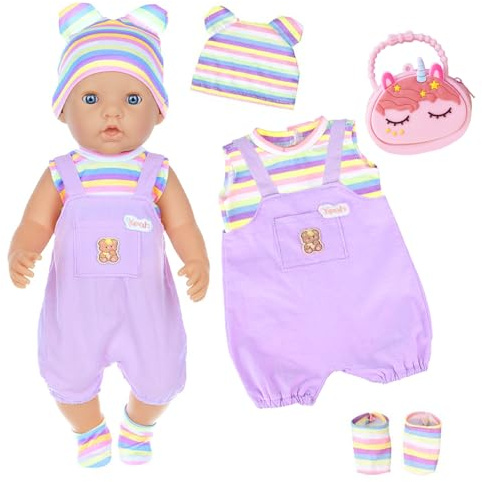 Kleidung Outfits für 12-14 Zoll Baby Puppen, 5 Violett Bär Puppenkleidung with Oberteile Jumpsuit Socken Mützen Taschen Puppen Kleidung, 36-45 cm Neu Baby Puppe Kleidung Mädchen Geburtstag Geschenk