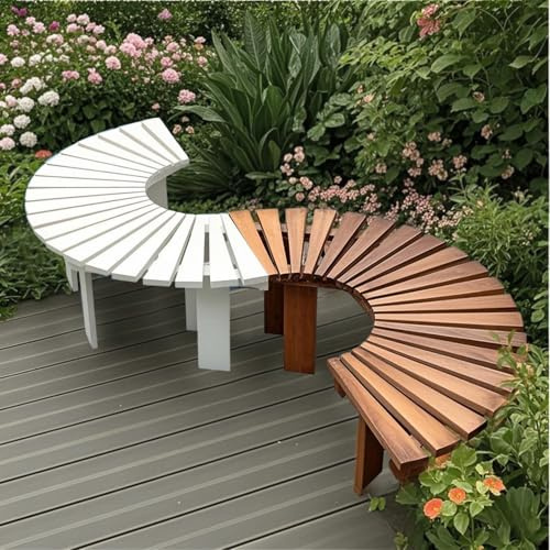 Yopappol Gebogene Baumbank aus Holz – Robuster Sitzstuhl ohne Rückenlehne – Wetterfeste Gartenmöbelbank für Garten, Terrasse, Veranda, Hinterhof(Weiß,Half Round)