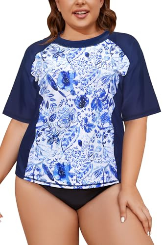 Shekini Hauts de bain à manches courtes pour femmes, protection solaire, pour la plage, maillots de bain pour femmes, séchage rapide, légers, imprimés, hauts de bain grande taille, noir foncé, 5XL