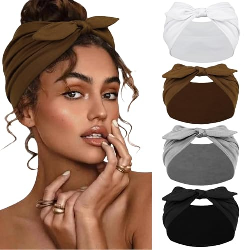 TELAIN 4er Pack Schleifen Stirnbänder für Damen und Mädchen, Breite Haarbänder mit rutschfestem Design, Weiche Elastische Haaraccessoires für Sport, Yoga und Alltag