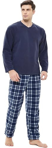 iceBoo Mens Fleece Pyjamas Set V-Neck Long Sleeve Top & Checked Plaid Bottom suit with Side Pockets