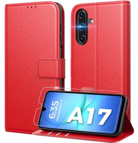 Peakally Handyhülle für Samsung Galaxy A17 5G Hülle [Mit 1 Stück Panzer Schutz Glas] [Premium PU Leder] [RFID-Blockierung] [Kartenfach] Klapphülle kompatibel mit Galaxy A17 5G / 4G - Rot