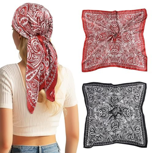 DAMILY 90x 90cm 2 Stück Damen Herren Kopftuch Faux Seidenschal Bandana Halstuch Square Schal mit Paisley-Muster(Rot/Schwarz)