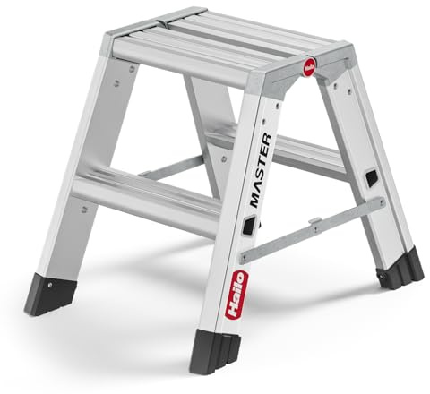 Hailo Master D80 Aluminium Doppelstufen-Trittleiter – beidseitig begehbare Klappleiter - große Standfläche & breite Rutschhemmende Stufen - 2 x 2 Stufen - EN 14183 geprüft - belastbar bis 150 kg