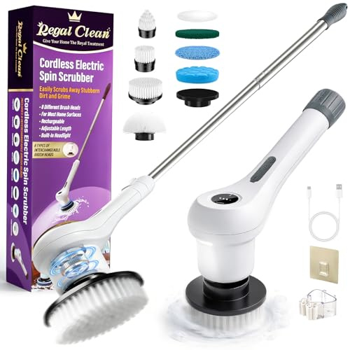 Cepillo Electrico Limpieza Hogar Kit, Fregadora Giratoria Eléctrico Impermeable IPX7 con 8 Cabezales de Cepillo de Repuesto, Mango Ajustable, 3 Velocidades para Baño, Azulejo de Piso, Cocina