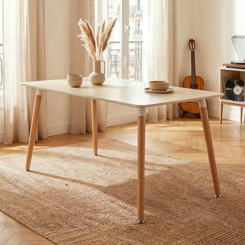 Table à Manger SHANNON, Rectangulaire, L 120 cm, 4 Personnes, Blanc Crème, Table Salle à Manger au Style Scandinave avec Plateau Laqué et Pieds en Hêtre, Idéale pour Cuisine ou Salle à Manger Moderne