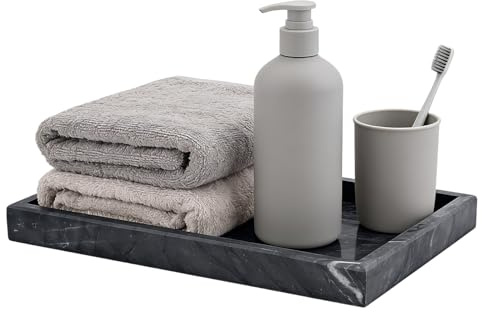 Marmor bricka grå, rektangulär, 30 x 20 x 3 cm, stor kosmetisk bricka marmor, dekorativ marmorbricka av naturlig marmor för badrum, ljus, med halkfria fötter