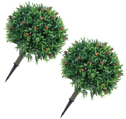 Hamwesh Arbusto Artificial de Boj, Juego de 2 árboles de Bolas Topiarios Realistas de 17,7 Pulgadas con Estaca para el Suelo, Plantas Sintéticas Resistentes a los Rayos para