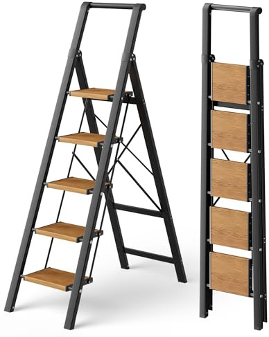 ATTESTIERER Scala a 5 gradini con corrimano, pieghevole, capacità di 150 kg con pedale antiscivolo, sgabello portatile in alluminio, facile da riporre, per interni ed esterni, aspetto estetico, legno
