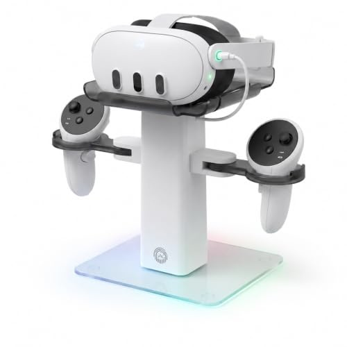 RGB Charging Station,Vertical VR Headset Stand for Meta Quest 3S/3/2 | with Controller Holder&Adjustable Tray,Accessory Organizer with 7 Color Lights(White)