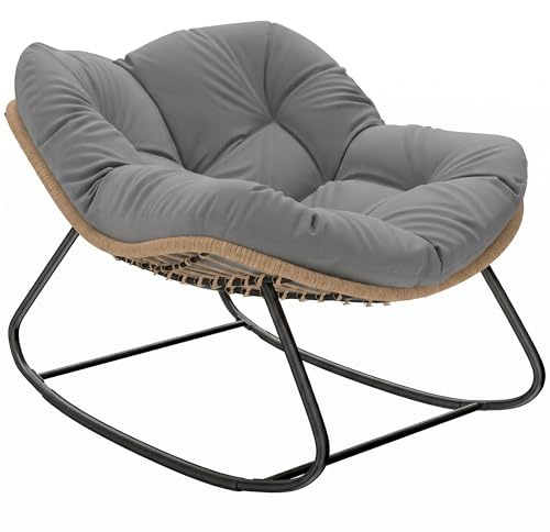 Outsunny Fauteuil à Bascule Papasan Intérieur Extérieur Coussin Rotin Gris