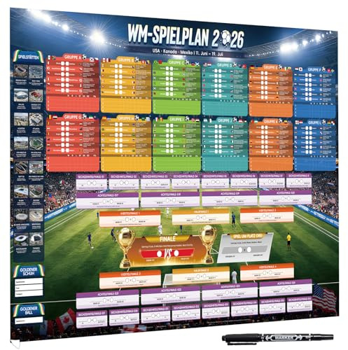 AhfuLife Groß Fußball Spielplan 2026 Poster 100 x 70cm für Fussballfans, WM Planer Enthält 48 Mannschaften Gruppen Knockout und Finale alle Ergebnisse der Spiele Vollversion (Deutsch, CEST)