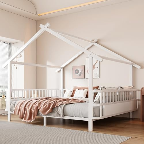 Ktipm Cama Montessori Infantil 140x200 cm con Barandilla y Diseño de Techo | Cama Casita Montessori con Estructura Metálica, Cuna Camas Infantiles Niño Niña con Soporte de Listones, Sin Colchón, Blanco