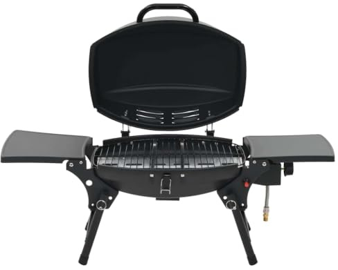 Portable Gas BBQ Grill with Black Enamel Cooking Grid, Heavy-Duty Hood, and Foldable Side Tables for Outdoor Cooking