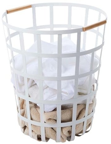 Yamazaki Home Tosca Round Laundry Basket Saving, 18 - Steel + Wood - 10.5 Gallon, 40 Liters
