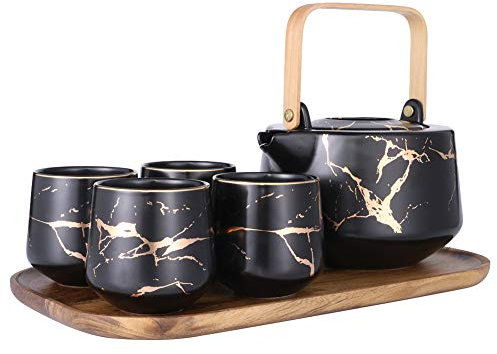 Sunddo Teekanne aus schwarzem Marmor mit 4 Teetassen, Teetablett für Teeliebhaber