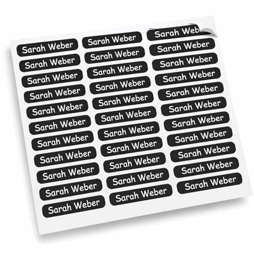 Indigos UG - Namensaufkleber Kinder Schule - 300 Sticker 36x7 mm - schwarz - personalisiert mit Wunschname - Etiketten für Schulheft, Schultüte, Federmappe, Stifte, Kindergarten