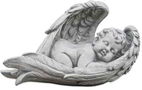 gartendekoparadies.de Baby Engel Grab Figur, Steinfigur H. 22 cm, 9 kg, Grau, frostsicher aus Steinguss für Außenbereich