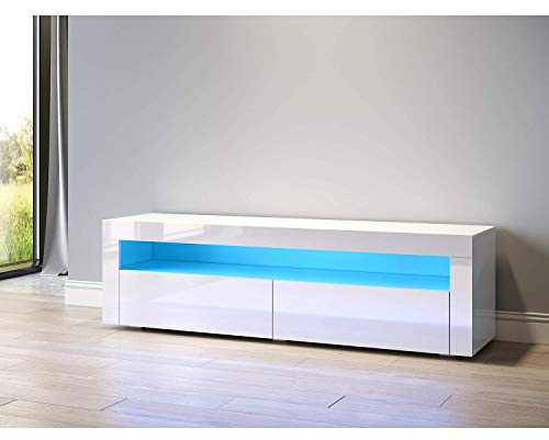 SONNI GTV001W Låg TV-bänk, TV-skåp, TV-hylla, med LED-belysning, högglansigt, 12 färger kan ställas in, vitt, 155 x 40 x 45 cm