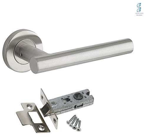 Golden Grace Straight T-Bar Door Handles & Latch, Brushed Steel, 1 Pair | Supplied as a pair with 64mm tubular latch, spindle and screws for hassle-free installation on a concealed rose.