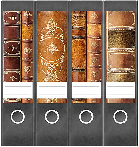 Etiketten für Ordner | Antike Bücher | 4 breite Aufkleber für Ordnerrücken | Selbstklebende Design Ordneretiketten Rückenschilder