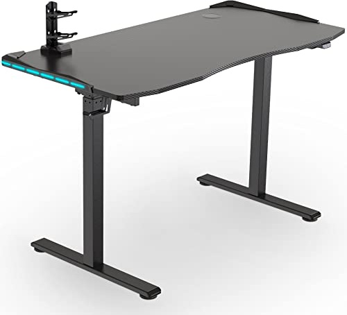 ESMART GSX-121 höhenverstellbarer Steh-Sitz-Gaming-Schreibtisch | 120 × 60 cm, Schwarz mit Carbon-Dekor, Höhe 73–121 cm, RGB-Beleuchtung, Kopfhörerhalter, Controllerhalter