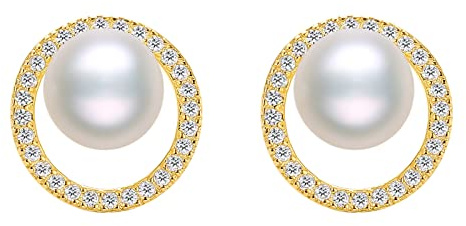 925 Sterling Silber Süßwasserperlen Ohrringe Zirkonia Echtes Silber Weiß Perlen Ohrstecker Schmuck für Damen Frau Mutter Braut Geschenk Hochzeit Jahrestag Geburtstag (Gold Rund)