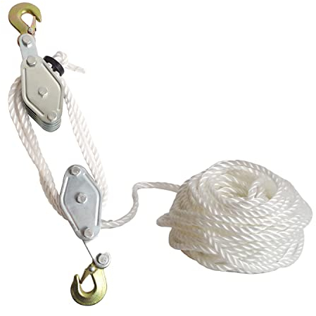 Nisorpa 1.8 Ton Rope Hoist Pulley Block 4000 lbs Max Load Heavy-duty Steel Hooks Lifting Pulley Block, 20 m (65.6 ft) Nylon Rope, for Garage Warehouse lifting and moving heavy objects (White)