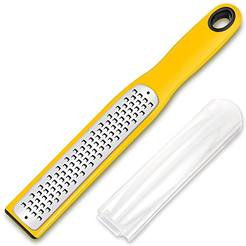 Urbanstrive Cheese Grater With Handle, Lemon Zester Graters for Kitchen Stainless Steel, Hand Grater for Ginger Garlic Nutmeg Chocolate Fruits Vegetables, Sharp, Non-Slip Handle & Foot, Coarse, Yellow