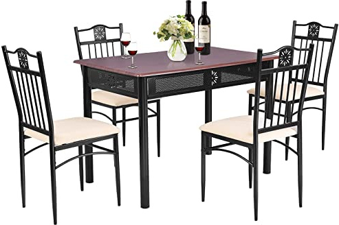 COSTWAY 5 teiliges Esstisch-Set, Essgruppe mit 4 gepolsterten Stühlen, Küchentisch Bistrotisch Esszimmergruppe Sitzgruppe 4 Personen Holz für Küche, Esszimmer (Braun)