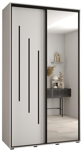 ABIKSMEBLE Davos 9 140 Armoire à Deux Portes Coulissantes pour Chambre à Coucher - Moderne Armoire de Rangement avec Miroir, Tringle et Étagères - 235,2 x 140 x 60 cm - Blanc Blanc Noir