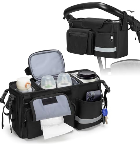 Parent Console Stroller Organizer Compatible with WONDERFOLD W&X, 2 Insulated Cup Holders, A Removable Cooler Bag, Black, Patented Design