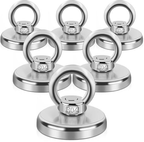 Magnete Stark, 65KG Neodym Magnete Extra Stark Magnetfischen, 6Stück Groß Stark Neodym Ösenmagnet Magnethaken, Neodymium Magnet mit Senkloch-Augenschraube für Werkstatt, Kreuzfahrt, Schatzsuche,42mm