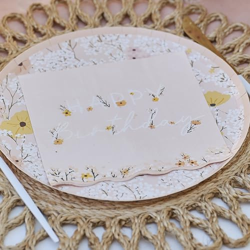 Ginger Ray Pink Floral 'Happy Birthday' Luncheon Napkins mit geschwungenen Rändern Party Tableware 16 Stück