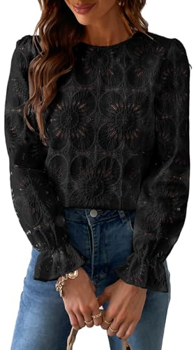 CUPSHE Bluse Damen Elegant Langarm Rüschen Rundhals Lochstickerei Oberteil | Boho Langarmshirt Trompetenärmel Luftige Lässige Tunika Volantmanschetten Rückenknopf Für Business Freizeit Alltag XS-XXL