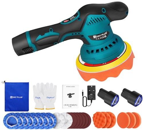 Dual Action Car Polisher Buffer Sander Cordless Polishing Machine 5 6'' Pad Mop with 2PCS 12V 2.0Ah Battery, 2800-5500 RPM, 8 Variable Speed, 125mm Base for Car Care Furniture Polishing Sanding