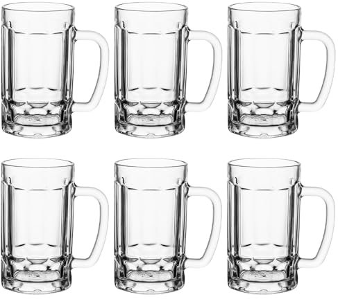 YMYL Confezione da 6 tazze da birra pesanti, grandi bicchieri da birra con manico, bicchieri classici in vetro trasparente per bar, cocktail, bevande, latte, succhi di frutta, soda