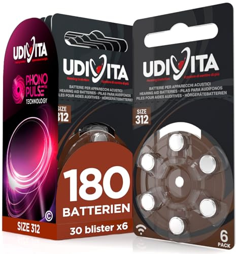 180 Batterie Per Apparecchi Acustici Udivita Misura 312 - Pile Zinco Aria con Tecnologia Phono Pulse Prive di Mercurio - 30 Blister da 6 Pile