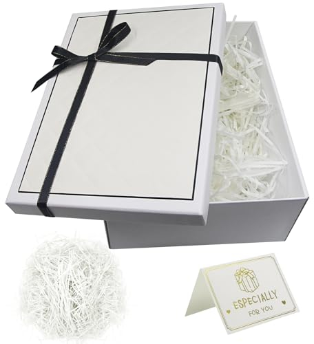 Geschenkbox mit Deckel, Geschenkbox mit Schleife und Grußkarte, 25×18×8,8 cm Rechteck Geschenkkarton, Faltbare Geschenkschachtel für Geburtstag, Fest, Jahrestag, Hochzeit, Weihnachten (Weiß)