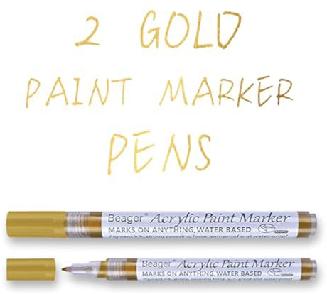Beager 2Pcs Gold Acrylstifte für Steine, 0,7mm Permanent Marker Stifte Wasserfest Lackstift Acrylfarben Stifte Steine Bemalen Stifte für Holz Leinwand Keramik Metall Papier Glas Kunststoff