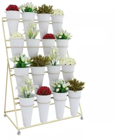 Blumen Display Stand Mit 16PCS Eimer, 4 Layers Metall Plant Stand Mit Rädern Moving Plant Cart Regal Für Terrasse Garten, Wohnzimmer, Blumenladen(Gold)