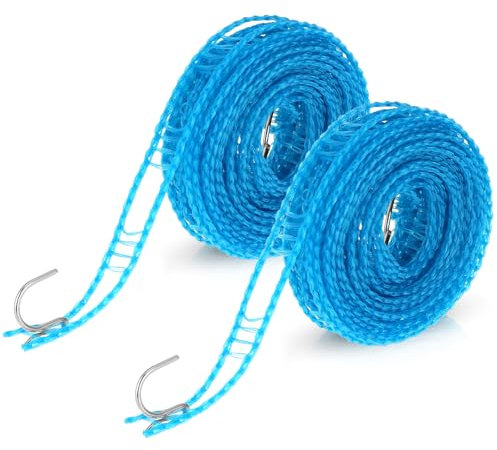 Giantree 2 Stück Wäscheleine, 5 Meter rutschfeste wäscheleine mit Hacken Tragbare Reisewäscheleine Camping Wäscheleine Draußen Wäschelein für Haushalt Garten und Camping