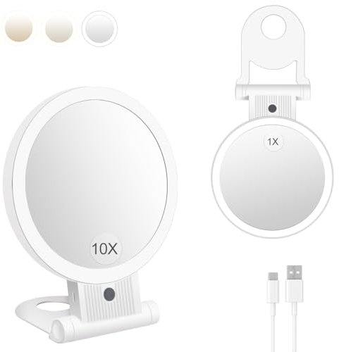 MILEDUO Kosmetikspiegel mit Beleuchtung, 10X/1X Doppelseitig Schminkspiegel mit Licht, Dimmbar Tischspiegel, 3 Farblichter, 2000 mAh, Faltbar Vergrößerungsspiegel für Zuhause Reise Kosmetik