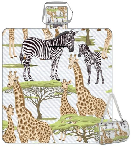 Mularoka Picknickdecke mit Giraffen-Zebra-Muster, wasserdicht, sanddicht, faltbar, Stranddecke, 150 x 145 cm, extra groß, tragbar, waschbar, Outdoor-Matte für Camping, Park, Gras, Wandern, Reisen