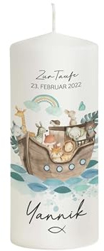 Scheinvoll® Patenkerze Arche Noah mit Regenbogen personalisiert - 20 x 8 cm Modell Yannik - Geschenk zu Taufe