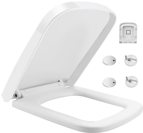 xinfedi Toilet Seat, Square Slow Close Toilet Seat with Adjustable Hinges for Easy Clean, 41 x 36 x 4CM WC Seat for Standard Square Toilets(White)