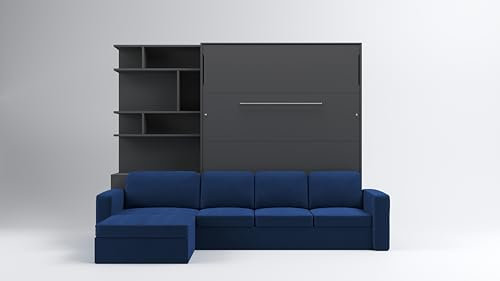 MAXIMAHOUSE Schrankbett Vertikal Invento NOVA 160V (160x200) mit Couch Ecksofa, und Bücherregal, Lattenrost aus Holz, Wandbett Klappbett, Bett im Schrank (Anthrazit+Blau)